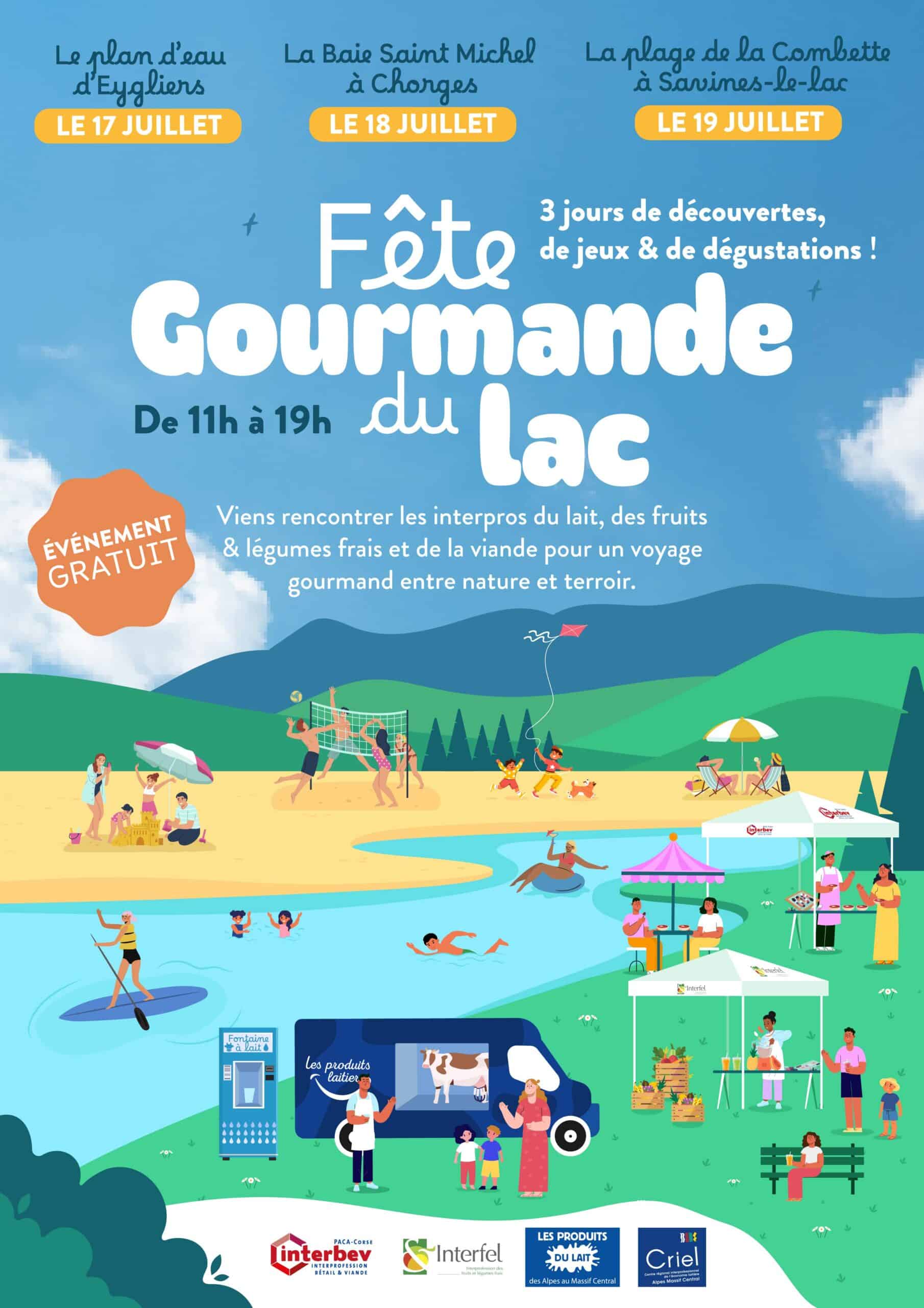 Affiche colorée pour la fête gourmande du lac : des gens profitent des activités au bord de l'eau, avec infos, dates (17-19 juillet) et invitation à découvrir dégustations, jeux et produits locaux.