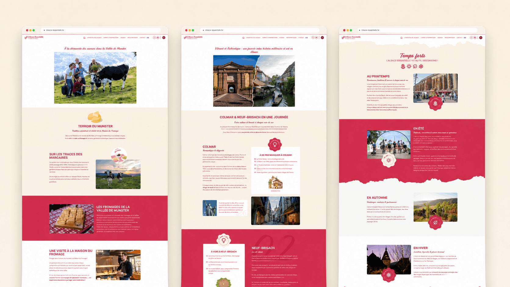 Trois maquettes de pages web sur le thème du voyage, illustrées d'images de paysages alsaciens, de spécialités culinaires locales et de sites emblématiques. Des tons rouges et beiges, ainsi que des blocs de texte et des photos, mettent en valeur les attractions et les expériences régionales uniques.