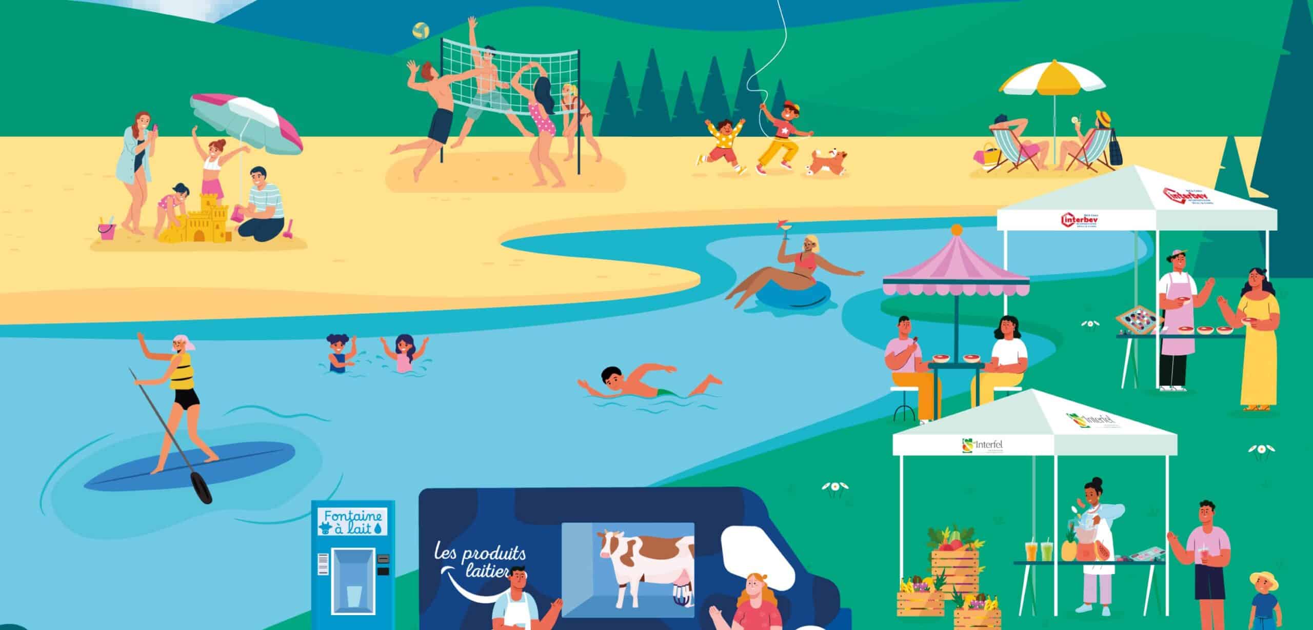 Des personnes profitant d'une journée d'été au lac - jouant au volley-ball, nageant, faisant du paddleboard, pique-niquant, promenant leur chien, et achetant de la nourriture aux stands du marché de la fête gourmande et à un food truck au bord d'une rivière avec des collines herbeuses à l'arrière-plan.