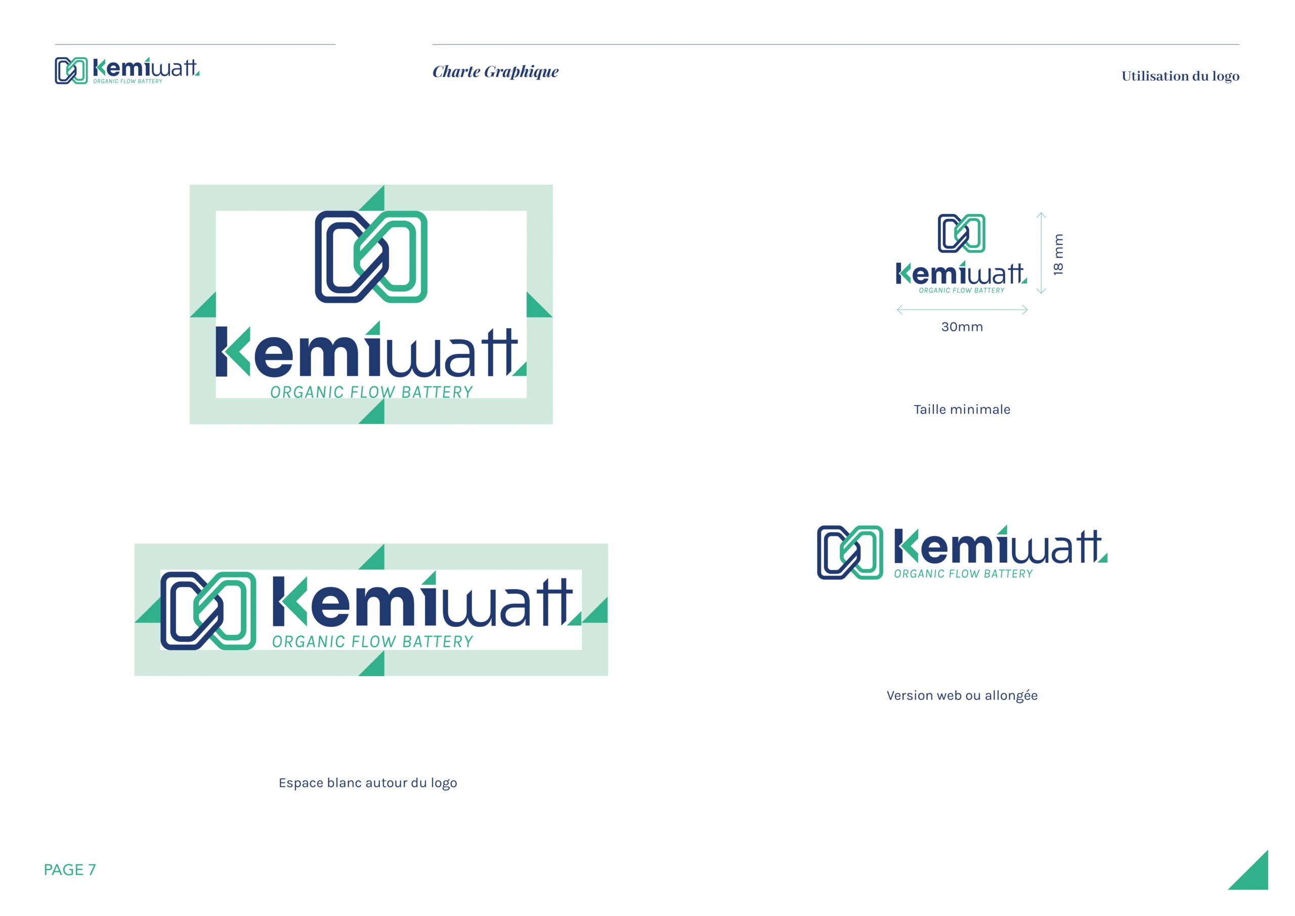 Une page de charte graphique présentant le logo Kemiwatt sous différents formats et tailles, avec des lignes de repère vertes et des indications en français précisant l'espacement du logo, sa taille minimale et la version horizontale du logo.
