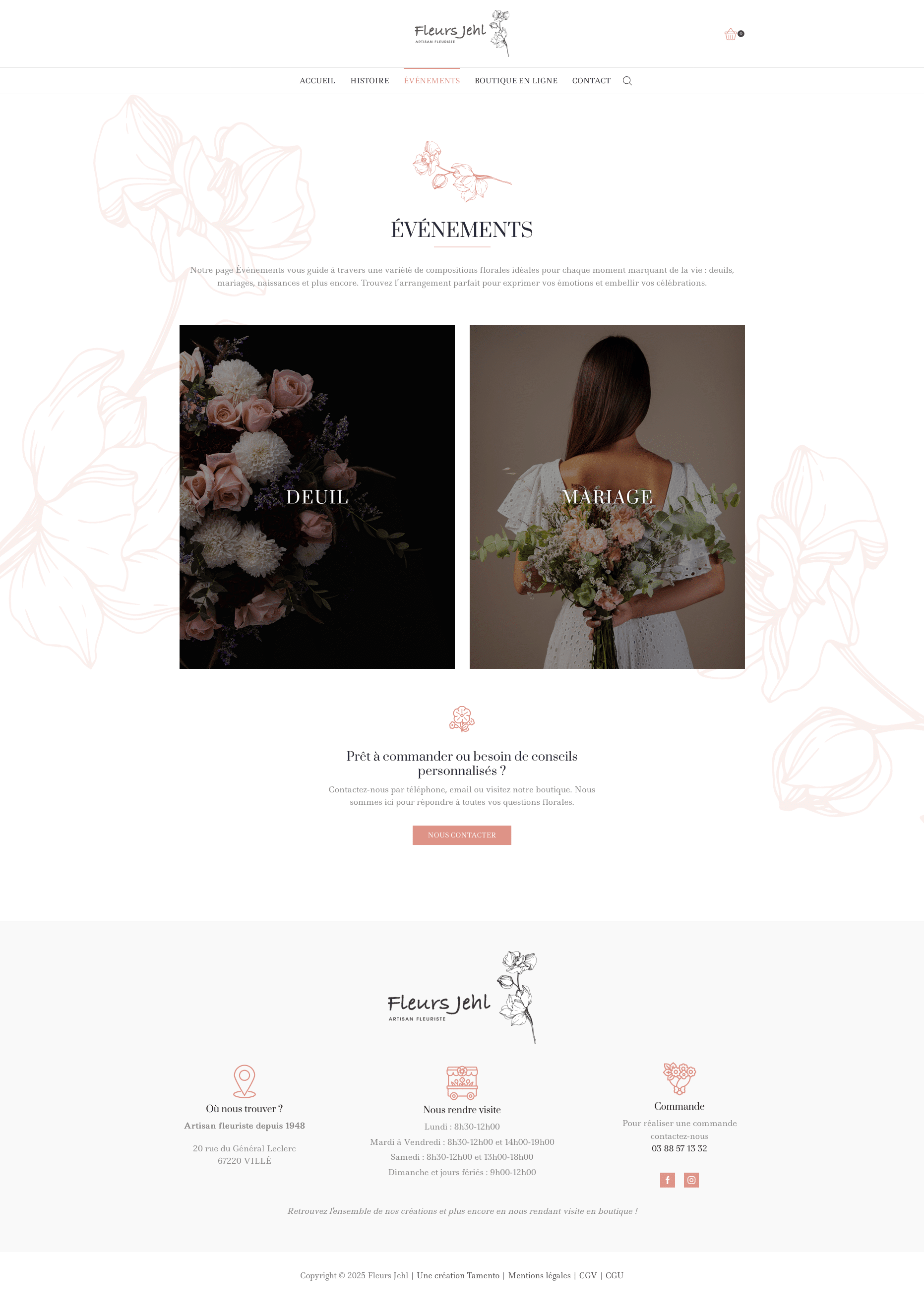 Un site web à thème floral présente deux options d'événements : Deuil" avec un bouquet de fleurs blanches et roses à gauche, et "Mariage" avec une mariée tenant un bouquet à droite, sous l'en-tête "Événements".