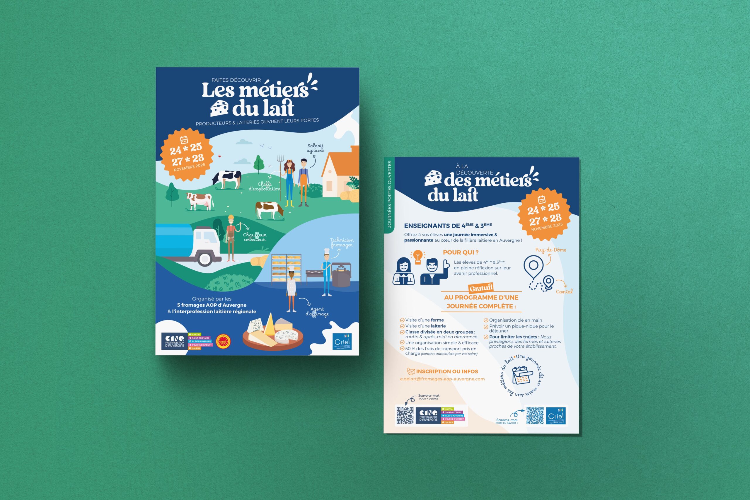 Deux dépliants colorés sur fond vert font la promotion des « Métiers du lait ». L'un présente des animaux de la ferme, des ouvriers et des produits laitiers ; l'autre détaille l'événement, les activités et les modalités d'inscription en français.