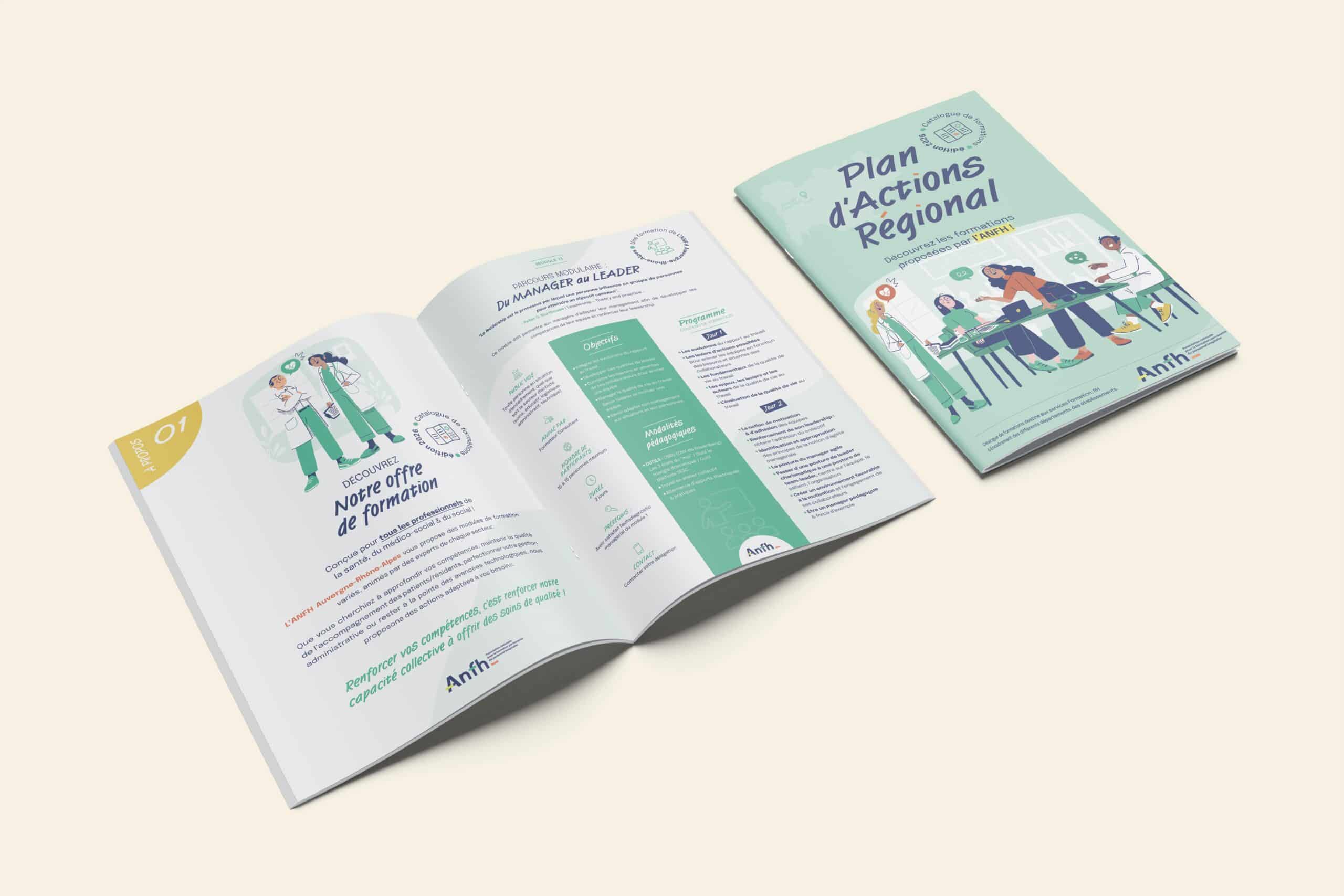 Deux livrets illustrés sur fond clair : l'un fermé, présentant la couverture du "Plan d'Actions Régional" comme le Catalogue formations ANFH, et l'autre ouvert révélant des infographies colorées et le texte français à l'intérieur.