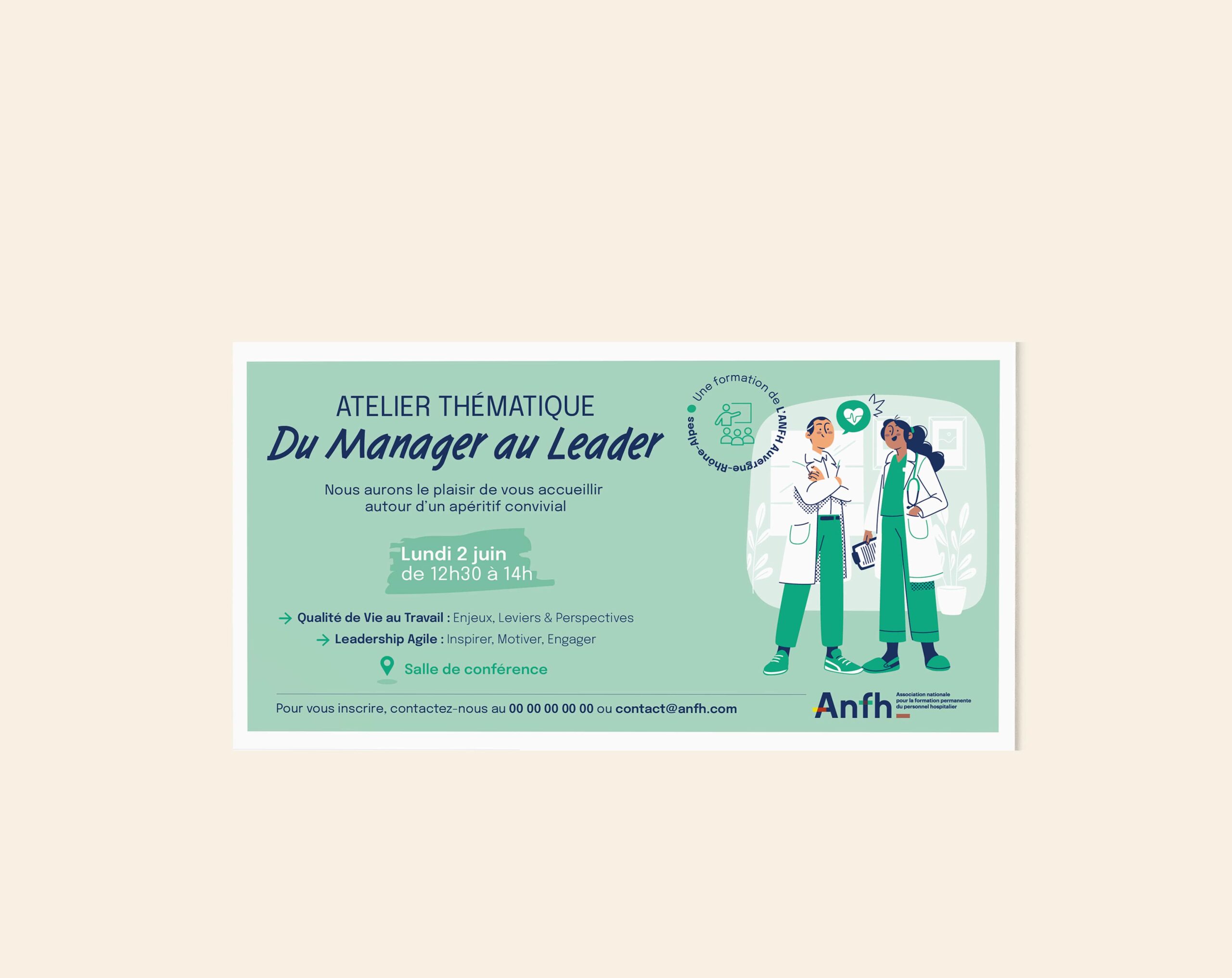 Un dépliant numérique pour l'atelier "Du Manager au Leader", répertorié dans le Catalogue formations ANFH, présente des professionnels illustrés en blouse de laboratoire. Les détails de l'événement - date, heure, thèmes et coordonnées - apparaissent sur un fond vert et blanc.