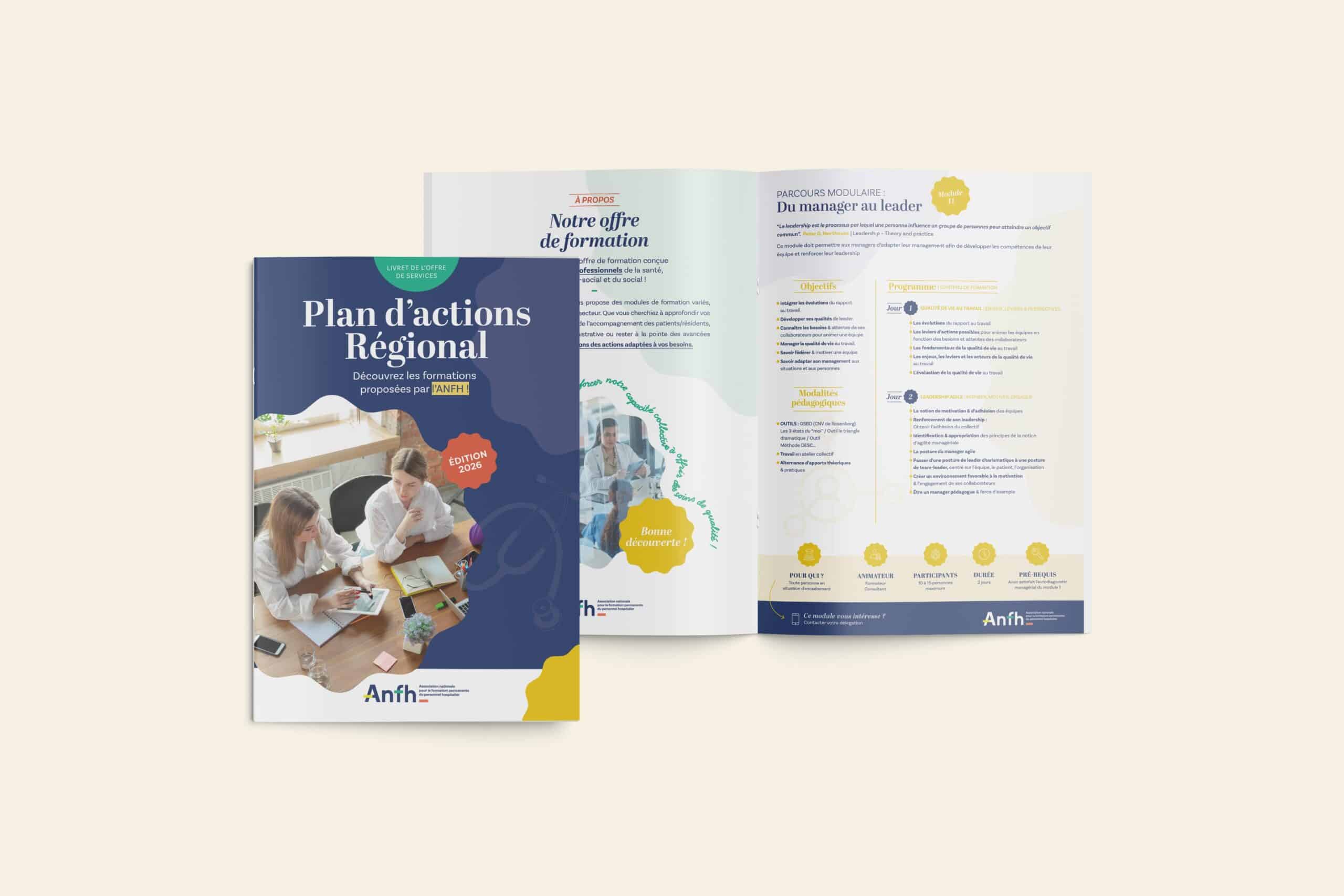 Une brochure intitulée "Plan d'actions Régional" est présentée, avec une couverture fermée montrant deux personnes travaillant à une table et une copie ouverte révélant des textes et des graphiques en français sur le Catalogue formations ANFH et les programmes de formation.