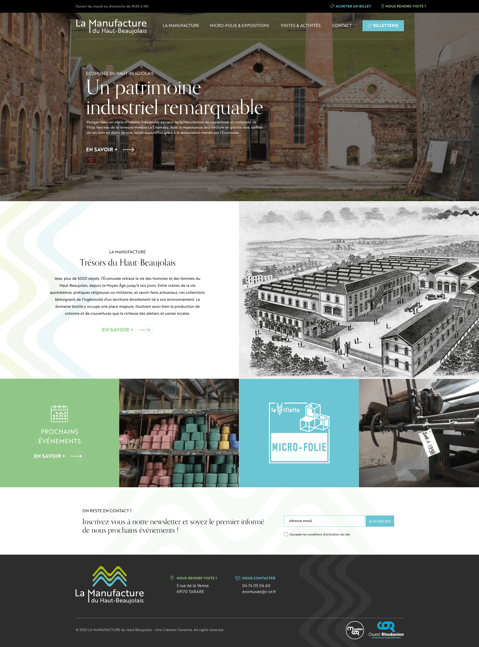 Capture d'écran du site web de La Manufacture du Haut Beaujolais, qui présente des bâtiments historiques en brique et en pierre, les détails des événements de La Manufacture, des illustrations anciennes, des blocs de bois colorés et des sections pour s'inscrire à la lettre d'information.