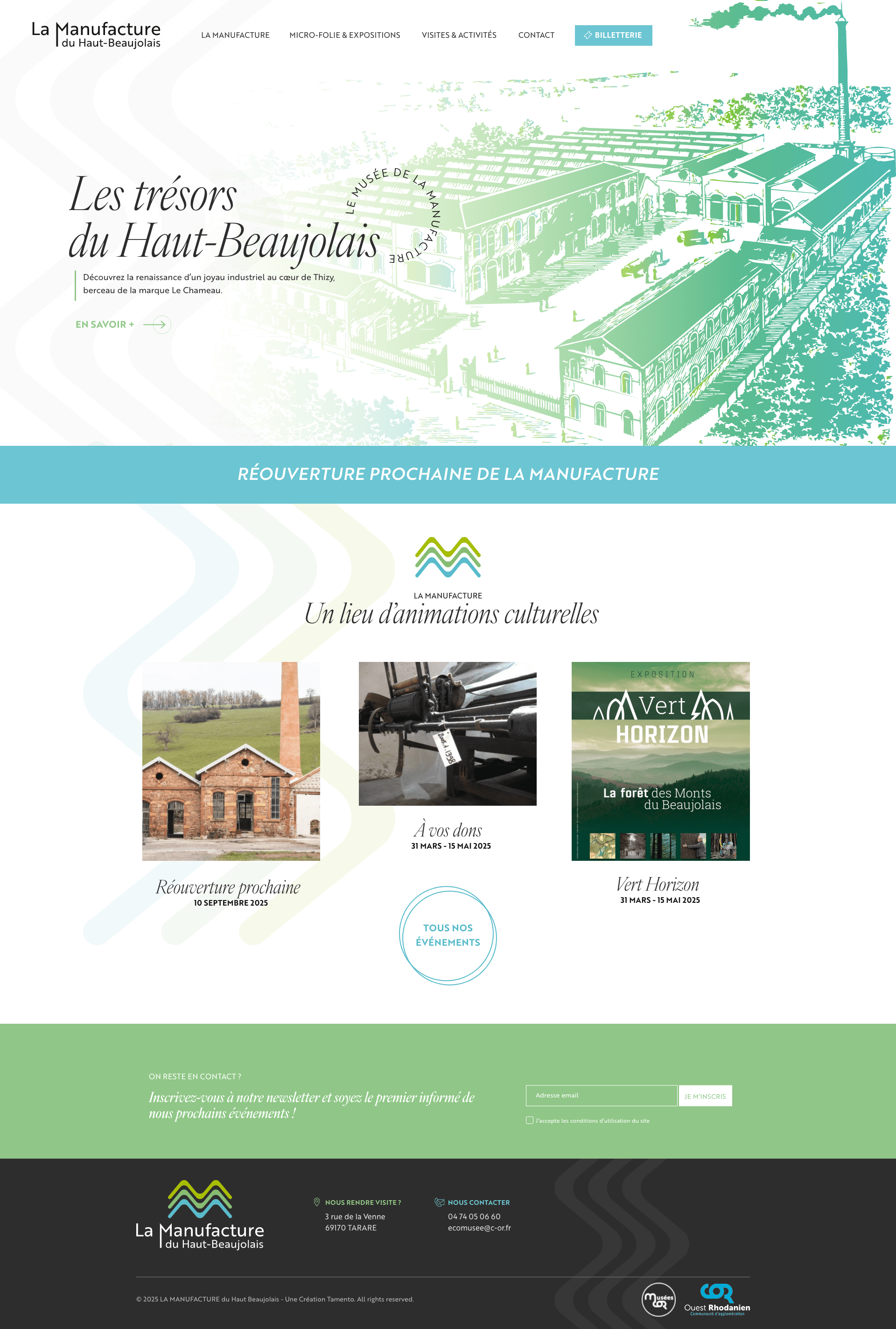 Capture d'écran du site web de La Manufacture du Haut Beaujolais, avec une illustration d'époque, des listes d'événements et des images de l'usine, du métier à tisser et de la forêt. Le site met en avant les activités culturelles et la réouverture prochaine de la Manufacture.