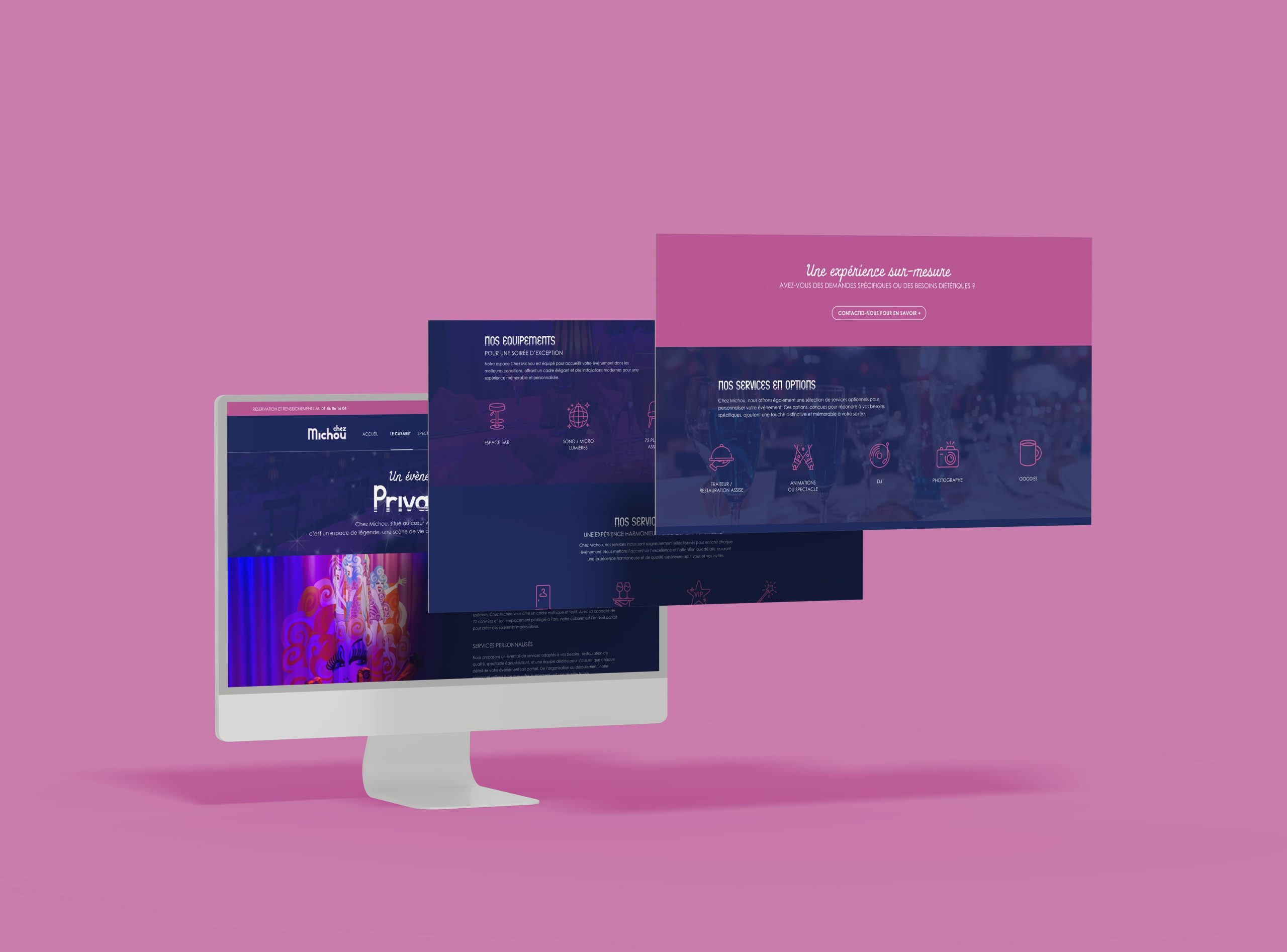 Un écran d’ordinateur affichant un site Web de refonte avec plusieurs pages superposées sur un fond rose. L’écran affiche différentes sections du site Web en bleu et rose, avec des icônes, du texte et des images qui suggèrent différents services ou fonctionnalités, rappelant le style dynamique de Michou.
