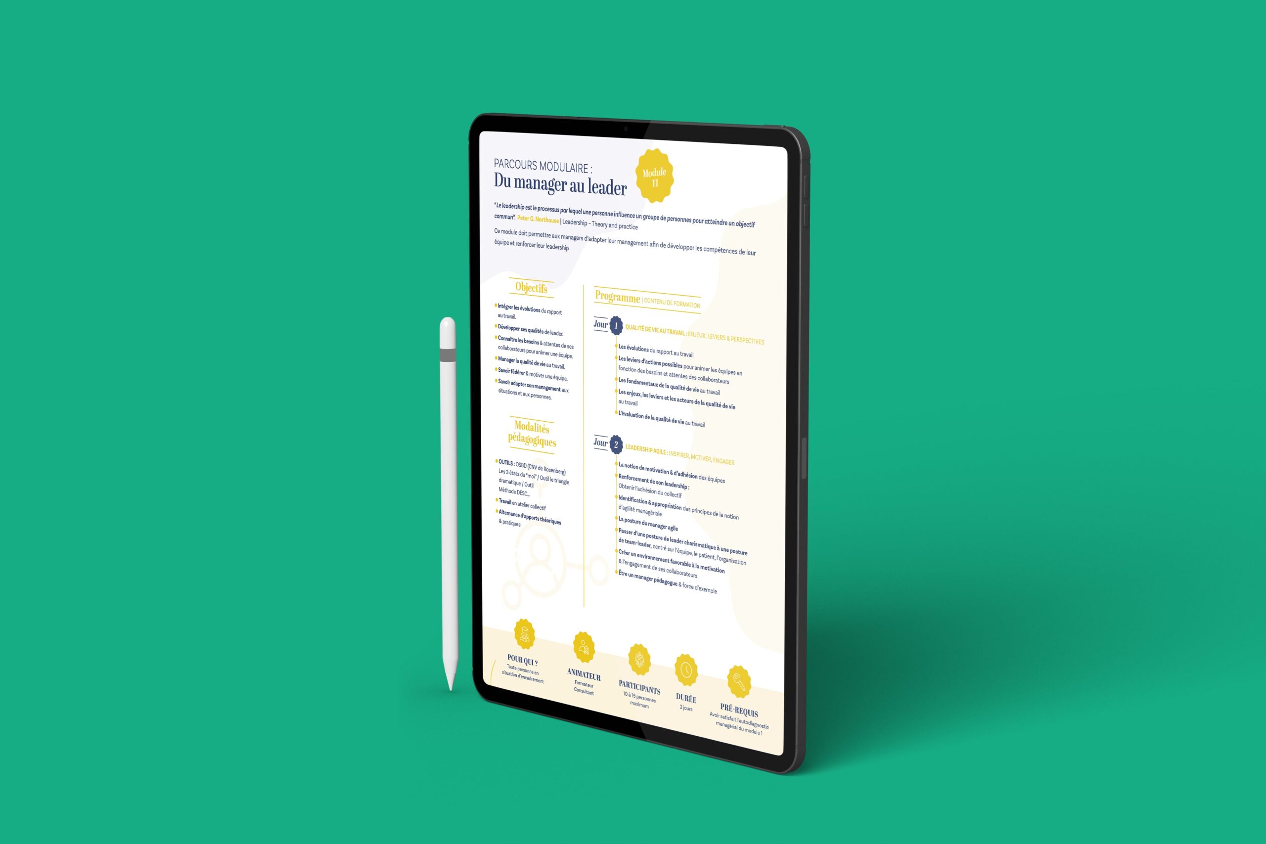 Une tablette munie d'un stylet affiche un document intitulé "Ressources pour les managers : Vous gérez ou vous dirigez ?" sur fond sarcelle. Le document, qui comporte des sections et des accents jaunes, met en évidence des thèmes du Catalogue formations ANFH.