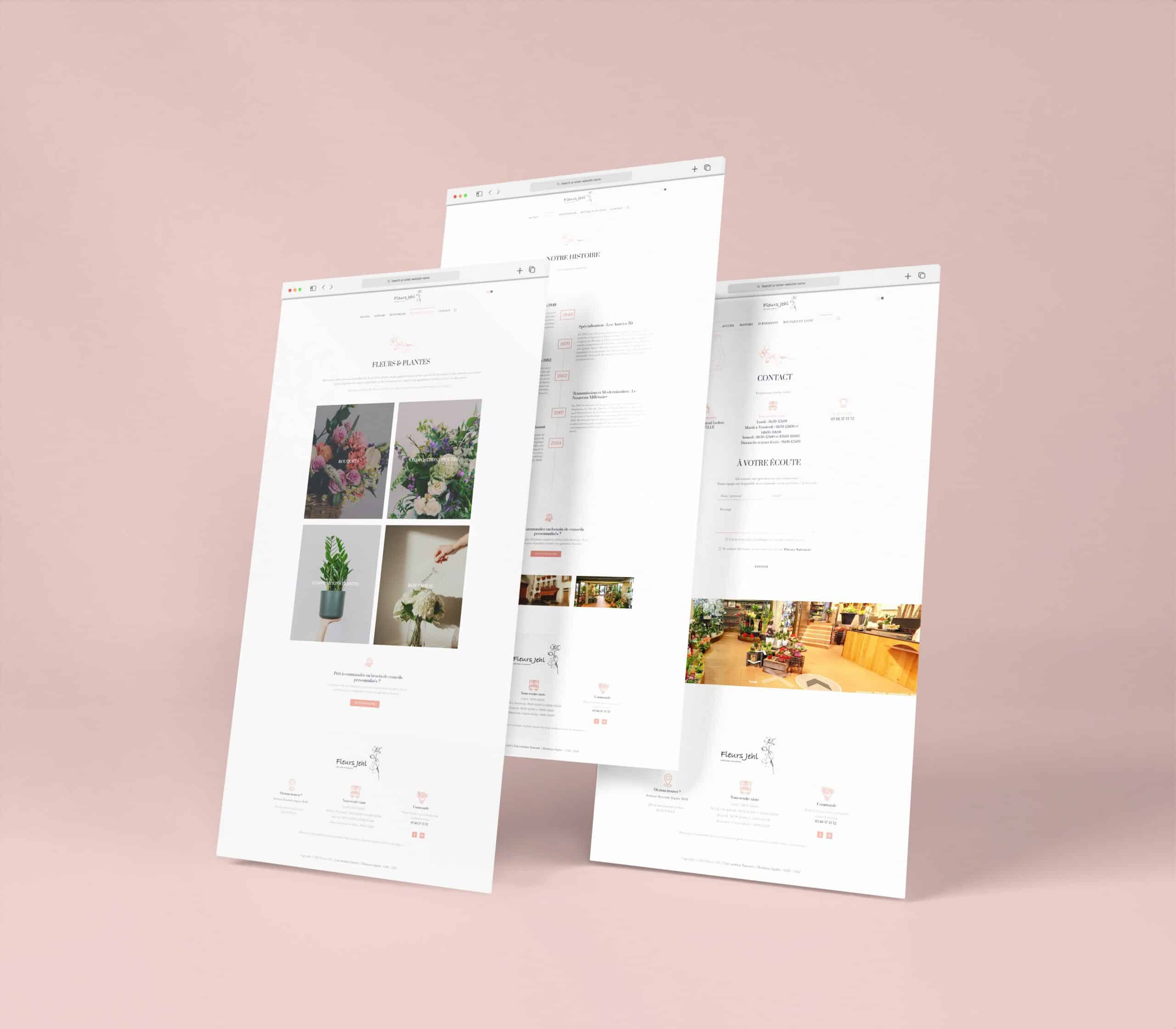 Trois pages web minimalistes avec des images de fleurs et des informations de contact sont affichées debout sur un fond rose doux. Le design est épuré, avec des sections pour les fleurs, les coordonnées et les images du magasin.